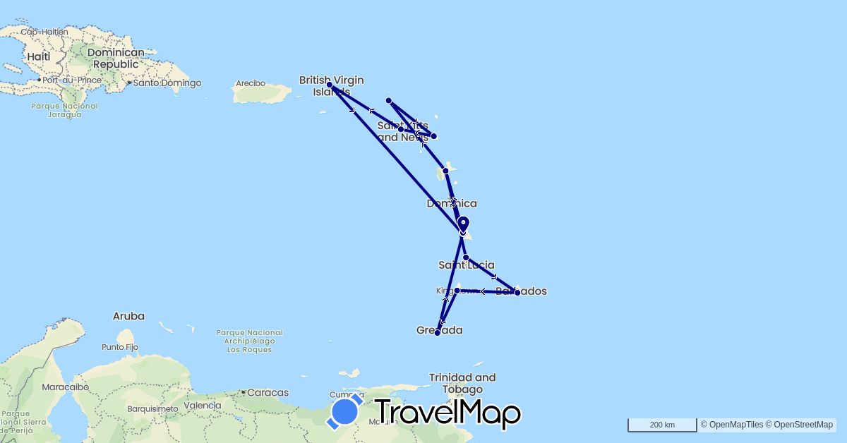 TravelMap itinerary: driving in Antigua and Barbuda, Barbados, France, Grenada, Saint Kitts and Nevis, Saint Lucia, Netherlands, Saint Vincent and the Grenadines, British Virgin Islands (Europe, North America)